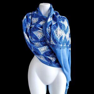 Vintage Indian Pakistani Embroidered Dupatta Shawl Blue White Rhinestones 86x30